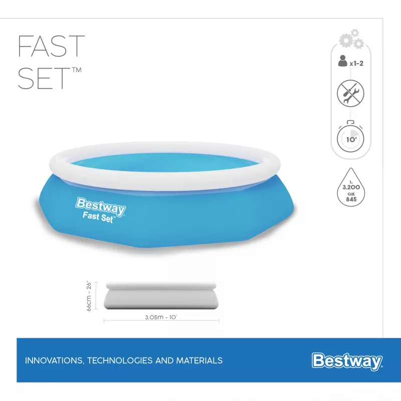 Bestway Fast Set apaļais piepūšamais baseina komplekts 3,05 m x 66 cm, 3200 L, piepūšamais baseins, bērniem un pieaugušajiem, zils, balts, 9,26 kg