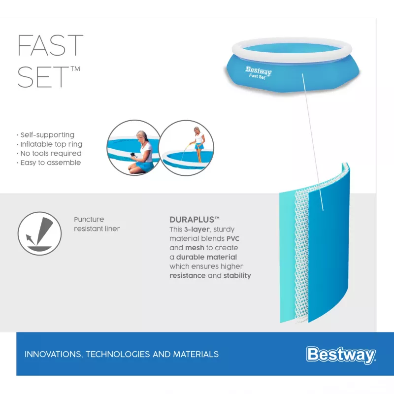 Bestway Fast Set apaļais piepūšamais baseina komplekts 3,05 m x 66 cm, 3200 L, piepūšamais baseins, bērniem un pieaugušajiem, zils, balts, 9,26 kg