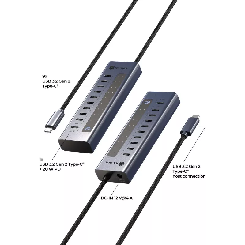 USB centrmezgls icybox IB-HUB1450-C31 — 10 porti, USB 3.2