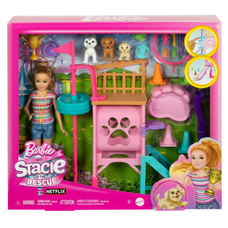 Barbie and Stacie to the Rescue kucēnu rotaļu laukuma komplekts ar lelli, 3 mājdzīvnieku suņu figūriņām un piederumiem