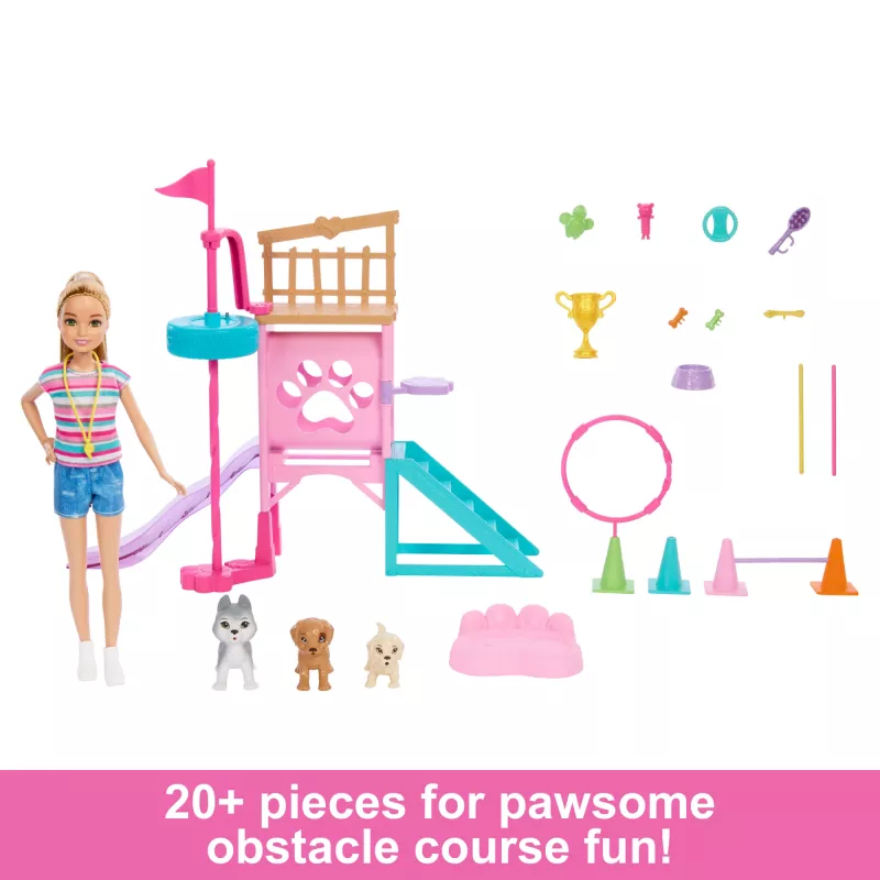 Barbie and Stacie to the Rescue kucēnu rotaļu laukuma komplekts ar lelli, 3 mājdzīvnieku suņu figūriņām un piederumiem