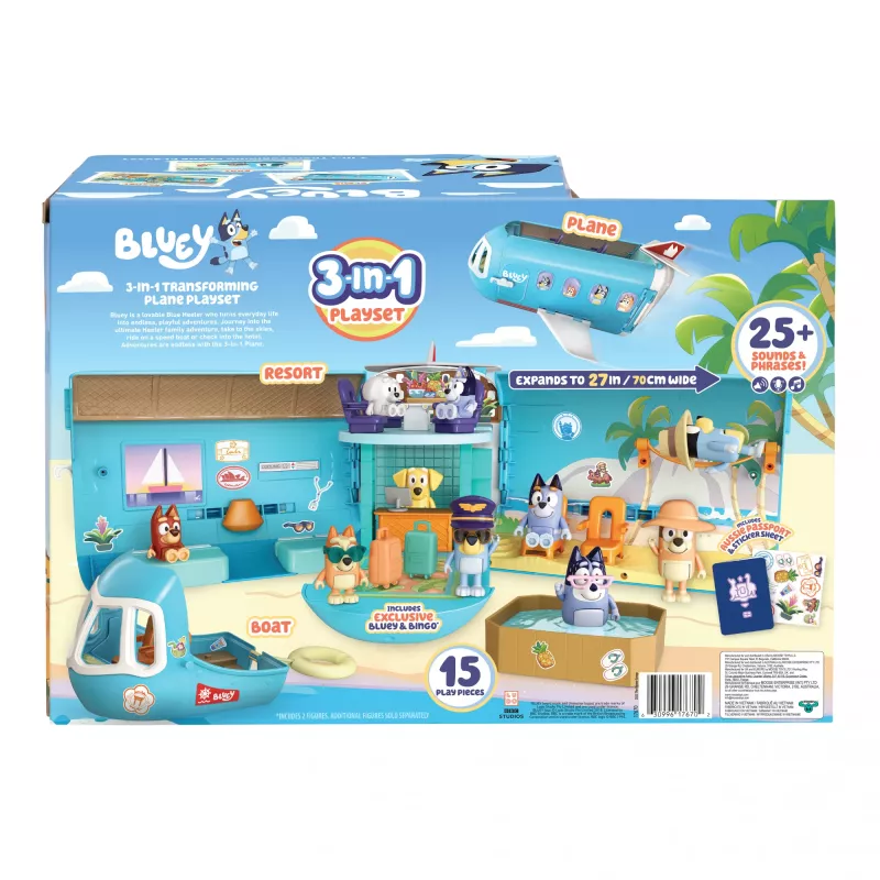 Moose Toys Bluey 3-in-1 lidmašīnas rotaļu komplekts, daudzkrāsains