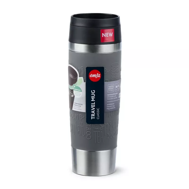 Ceļojumu krūze EMSA Classic Grande 500 ml — pelēks nerūsējošais tērauds, silikona pārklājums, polipropilēna vāks, Ø 8,3 cm × 240 mm