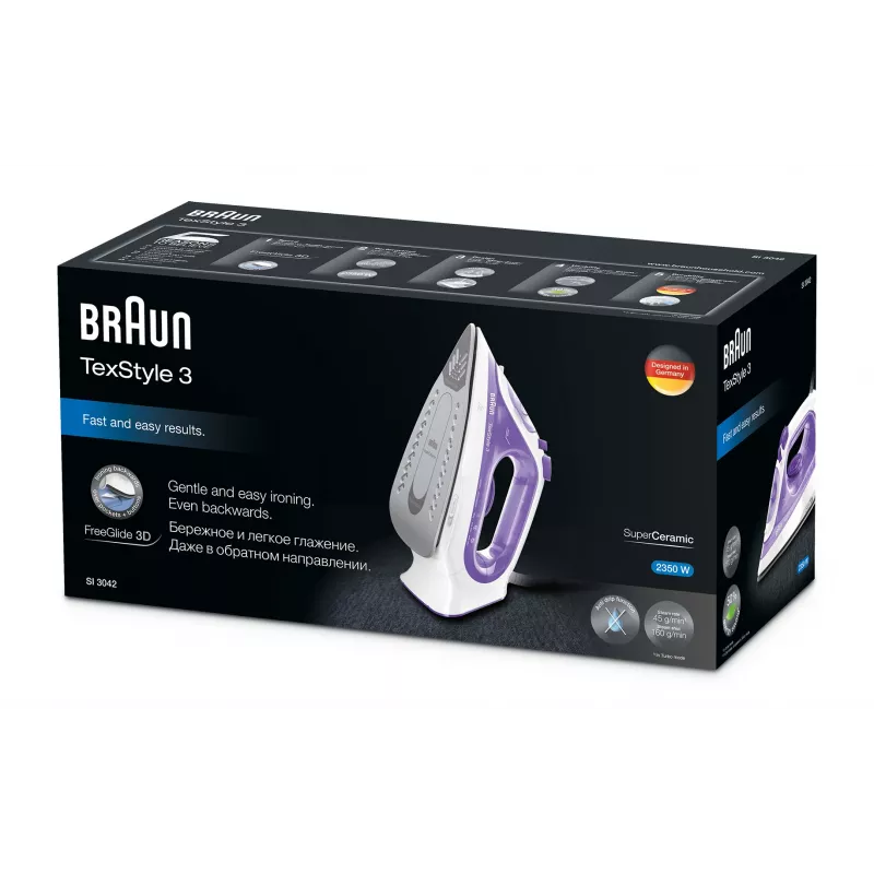 Braun TexStyle 3 SI3042VI tvaika gludeklis ar keramikas zoli 2350 W violets, sudrabains, balts