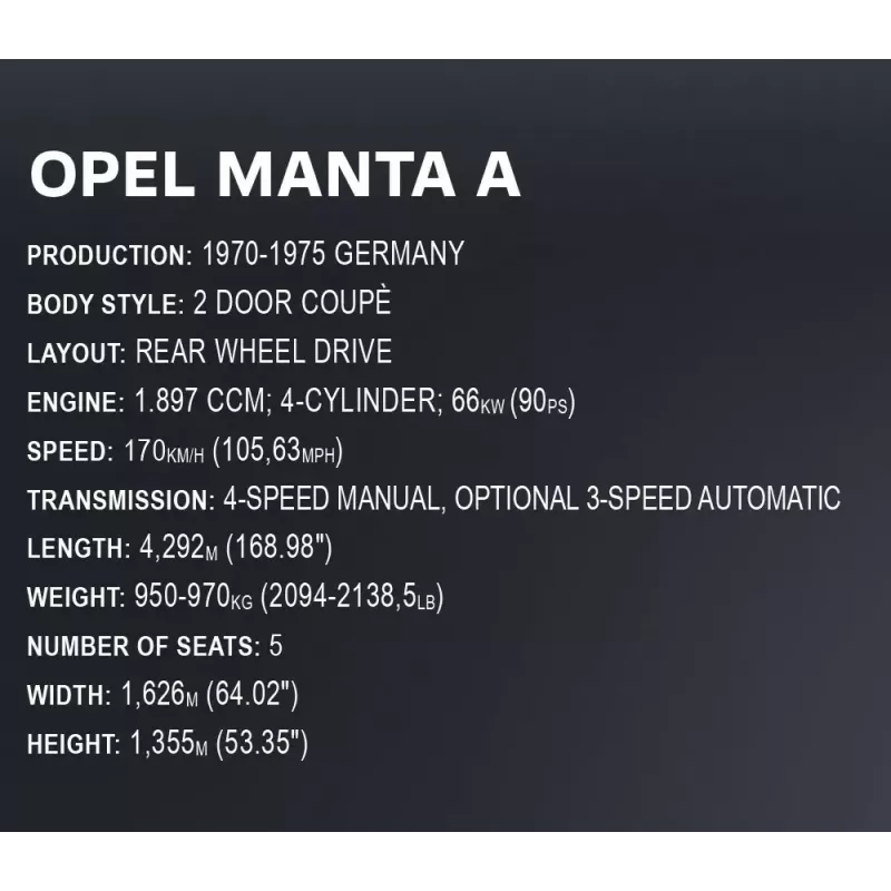 Konstrukciju rotaļlieta Cobi Opel Manta A 1970 mēroga 1:12 modelis, ķieģeļu komplekts