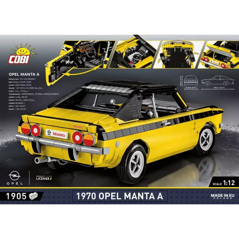 Konstrukciju rotaļlieta Cobi Opel Manta A 1970 mēroga 1:12 modelis, ķieģeļu komplekts