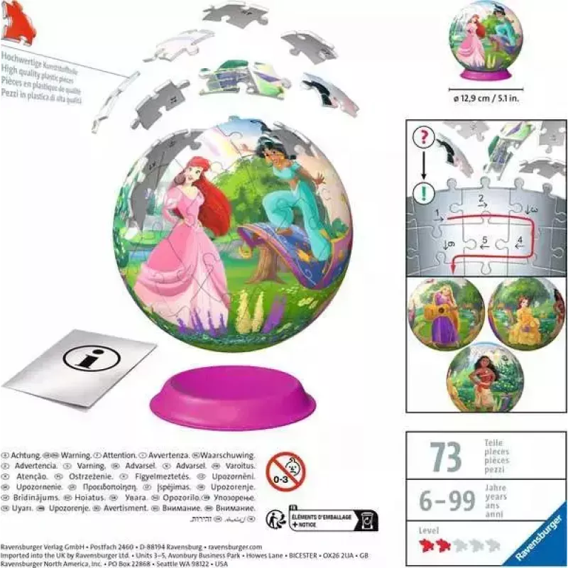 3D Puzzle Ball Ravensburger Disney Princess – 72 gab., sfēriska puzles modele