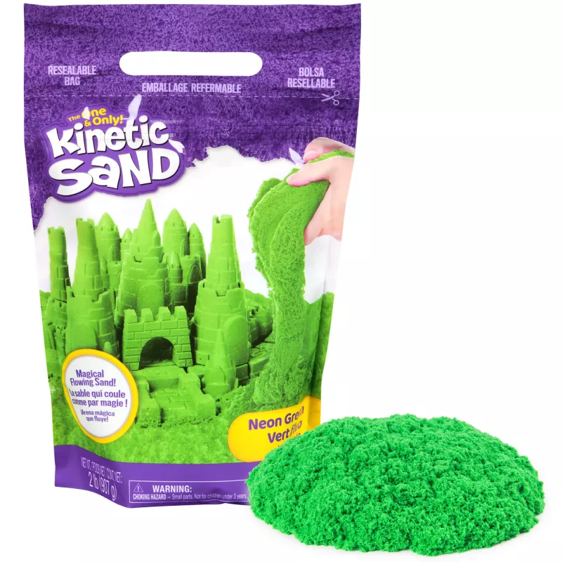Kinetic Sand, 2 mārciņas zaļas rotaļu smiltis, veidojamas sensorās rotaļlietas bērniem, atkārtoti aizverams maisiņš (iepakojums var atšķirties), no 3 gadu vecuma