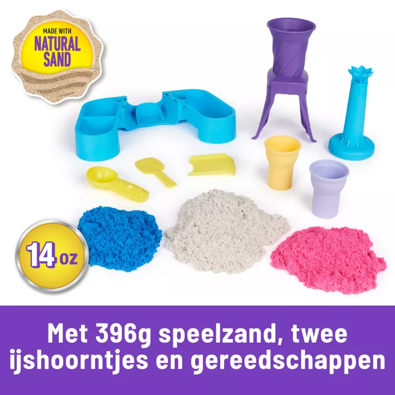 Kinetic Sand , Soft Serve Station, Lieldienu groziņu pildījums, Ietver 14oz formējamas spēļu smiltis (3 krāsas), 2 saldējuma konusus un 2 rīkus
