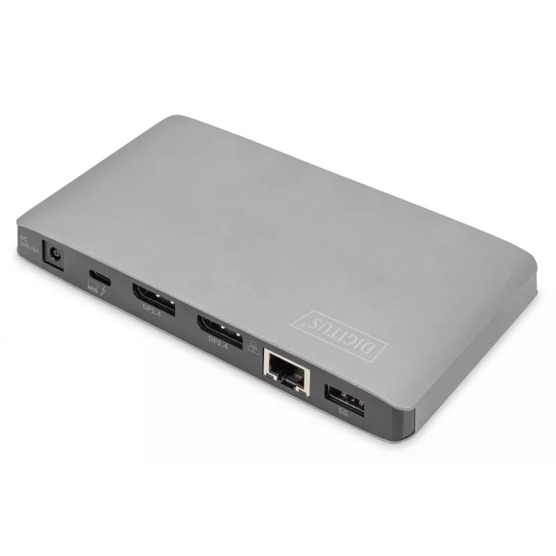 DIGITUS Dokstacija USB-C - 2x USB Type-C / 2x USB 3.0 10Gbps / USB 3.0 5Gbps / 2x DP / Gbe / micro SD / SD / 3,5 mm - 60W USB Power Delivery