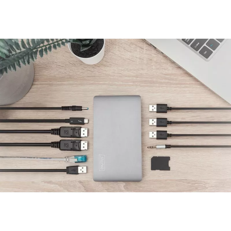 DIGITUS Dokstacija USB-C - 2x USB Type-C / 2x USB 3.0 10Gbps / USB 3.0 5Gbps / 2x DP / Gbe / micro SD / SD / 3,5 mm - 60W USB Power Delivery