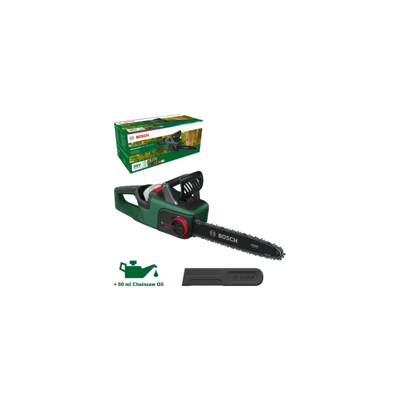 Bezvada motorzāģis Bosch AdvancedChain 36V-35-40 — 36V, 2 Ah akumulators, 35 cm vadotne, 31 cm zāģēšanas garums