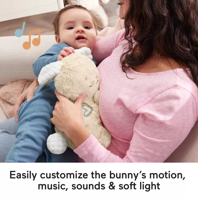 Fisher-Price Soothe & Settle Bunny mīkstā rotaļlieta mazulim un pielāgojama skaņas ierīce ar kustību