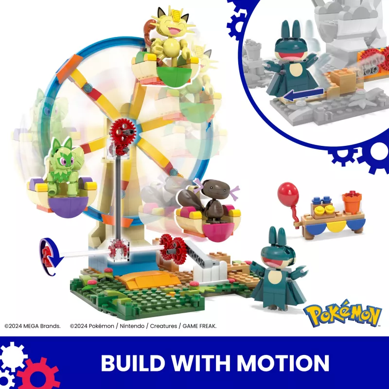 MEGA Pokémon panorāmas rata jautrais būvēšanas rotaļlietu komplekts, ar 4 darbības figūrām (393 gab.) bērniem