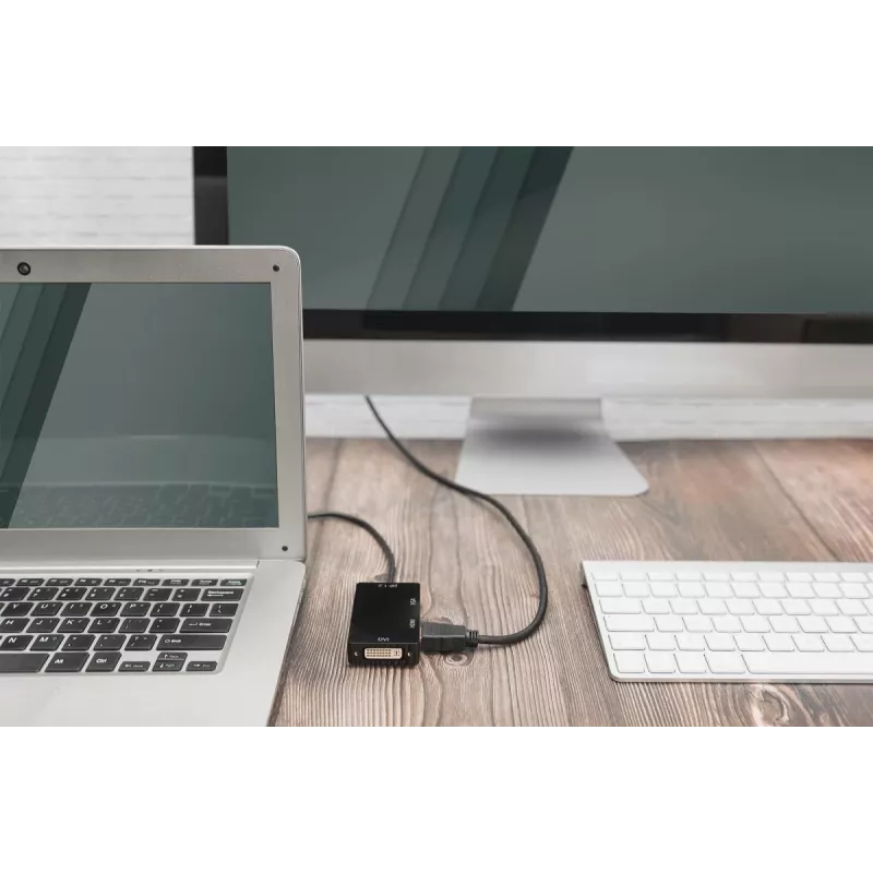 DIGITUS ASSMANN DisplayPort pārveidotāja kabelis, DP - HDMI+DVI+VGA M-F/F/F, 20cm 3-in-1 multivides kabelis, CE, melns