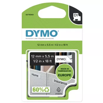 DYMO D1 augstas veiktspējas pastāvīgās poliestera uzlīmes | 12 mm x 5,5 m ruļļa | Melns teksts uz balta fona | Pašlīmējošās uzlīmes priekš LabelManager uzlīmju printeriem | Oriģināls