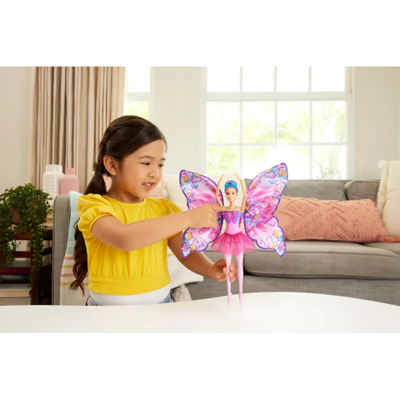 Barbie Dejo un plando lelle ar 2-in-1 pārveidi no dejotājas par tauriņu, violeti mati