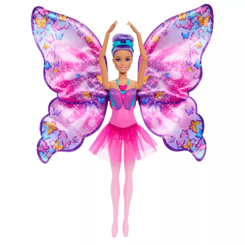 Barbie Dejo un plando lelle ar 2-in-1 pārveidi no dejotājas par tauriņu, violeti mati