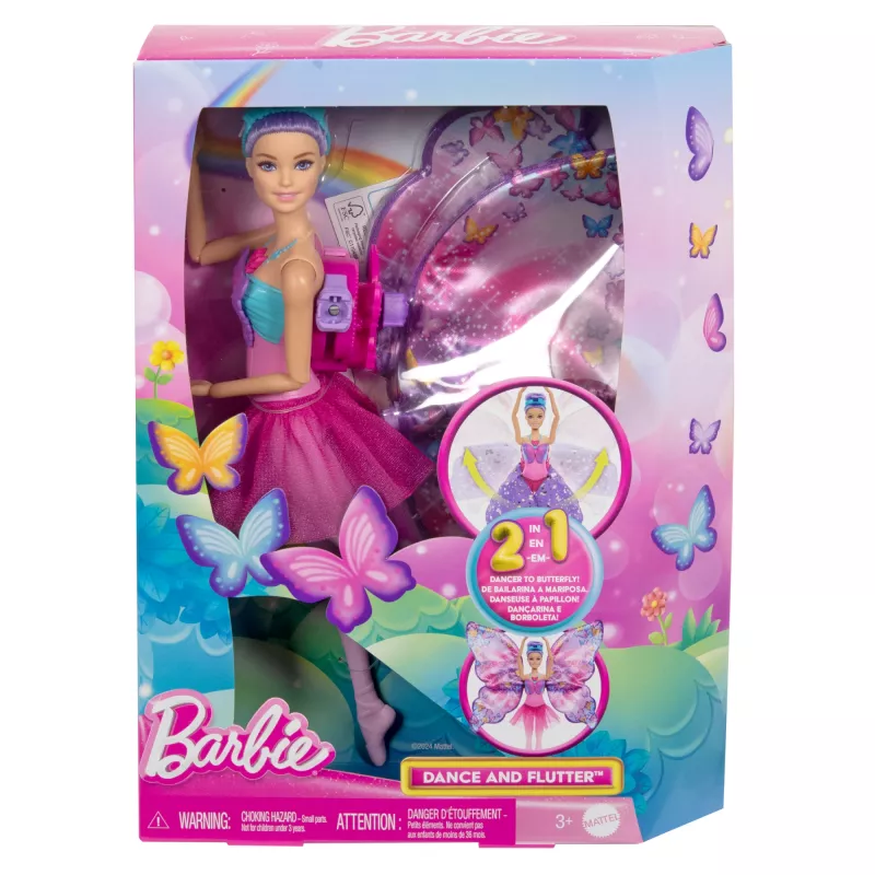Barbie Dejo un plando lelle ar 2-in-1 pārveidi no dejotājas par tauriņu, violeti mati