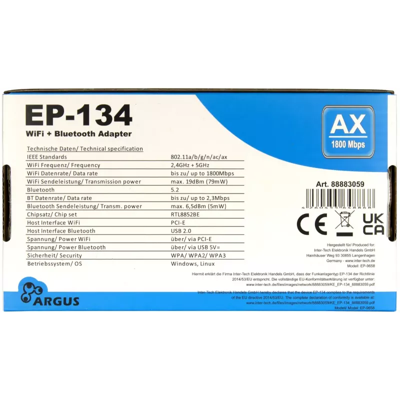 Iekšējais WLAN Bluetooth adapteris Inter-Tech EP-134 1800 Mbit/s
