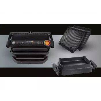 Kontakta grils Tefal GC7148 — 2000W, nerūsējošā tērauda korpuss, taisnstūra, regulējams termostats, režģa augšējā virsma, 365×365×175 mm