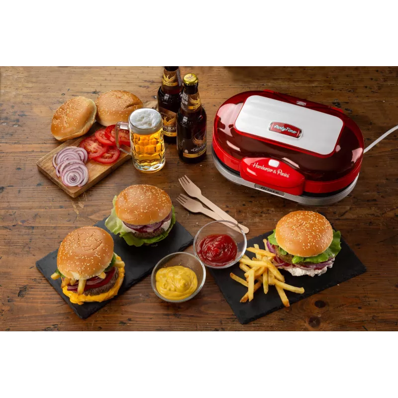 Ariete 205 Hamburgeru gatavotājs Party Time, hamburgeru gatavošanas iekārta, 1200 W, dubultās nepiedegošās plāksnes, 2 nodalījumi, viegli tīrāms, sarkans