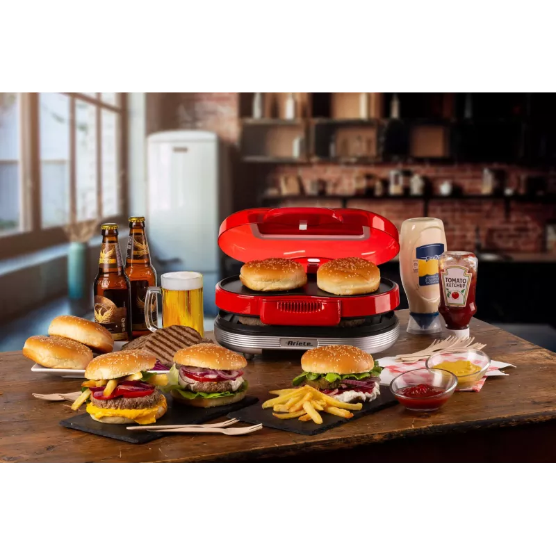 Ariete 205 Hamburgeru gatavotājs Party Time, hamburgeru gatavošanas iekārta, 1200 W, dubultās nepiedegošās plāksnes, 2 nodalījumi, viegli tīrāms, sarkans