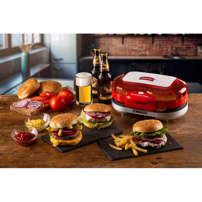 Ariete 205 Hamburgeru gatavotājs Party Time, hamburgeru gatavošanas iekārta, 1200 W, dubultās nepiedegošās plāksnes, 2 nodalījumi, viegli tīrāms, sarkans