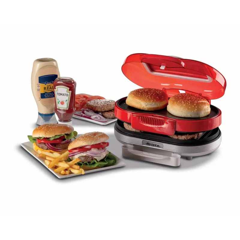 Ariete 205 Hamburgeru gatavotājs Party Time, hamburgeru gatavošanas iekārta, 1200 W, dubultās nepiedegošās plāksnes, 2 nodalījumi, viegli tīrāms, sarkans