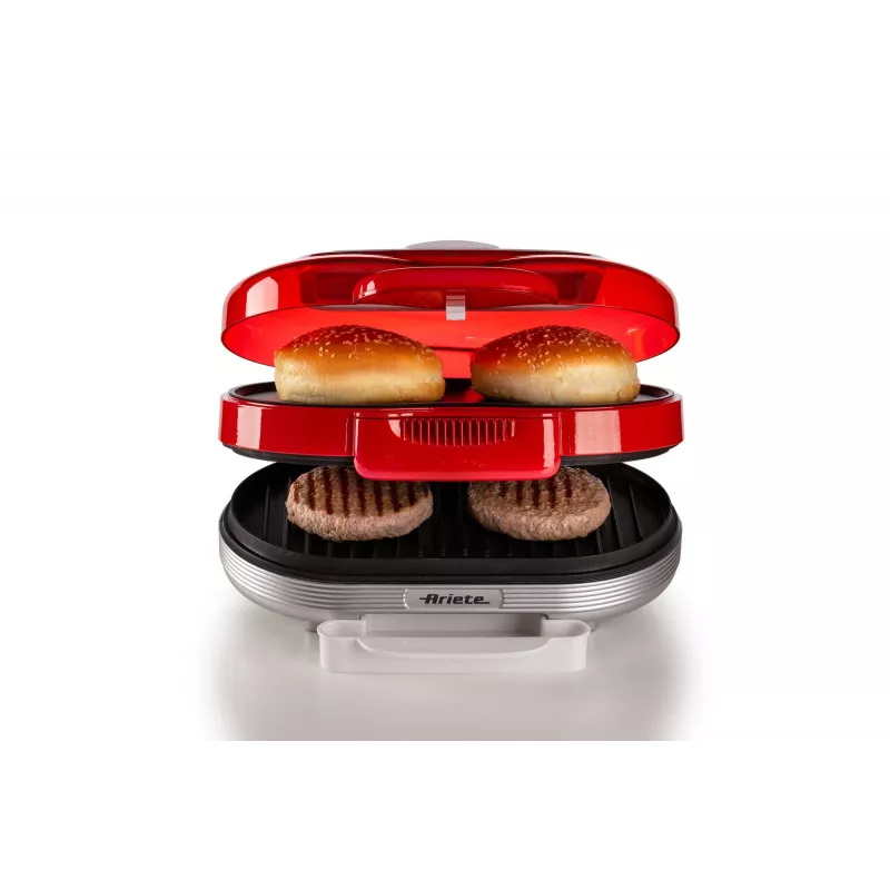 Ariete 205 Hamburgeru gatavotājs Party Time, hamburgeru gatavošanas iekārta, 1200 W, dubultās nepiedegošās plāksnes, 2 nodalījumi, viegli tīrāms, sarkans