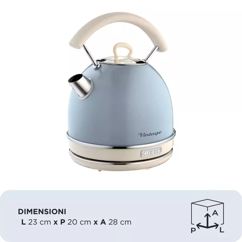 Ariete 2877 Vintage tējkanna, 1,7 l, bezvada, gaiši zila, 1,7 L, 2000 W, Gaiši zila, Ūdens līmeņa indikators, Bezvada, Filtrēšana