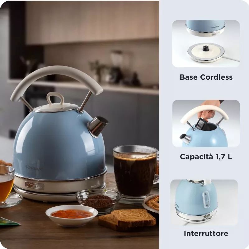 Ariete 2877 Vintage tējkanna, 1,7 l, bezvada, gaiši zila, 1,7 L, 2000 W, Gaiši zila, Ūdens līmeņa indikators, Bezvada, Filtrēšana
