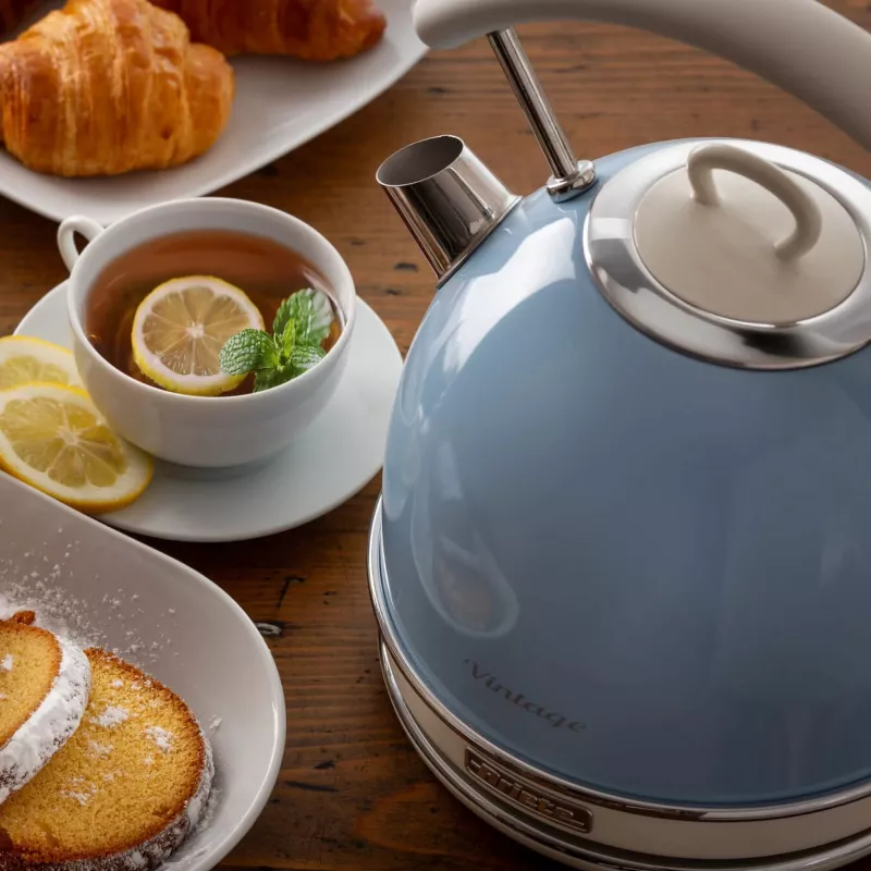 Ariete 2877 Vintage tējkanna, 1,7 l, bezvada, gaiši zila, 1,7 L, 2000 W, Gaiši zila, Ūdens līmeņa indikators, Bezvada, Filtrēšana