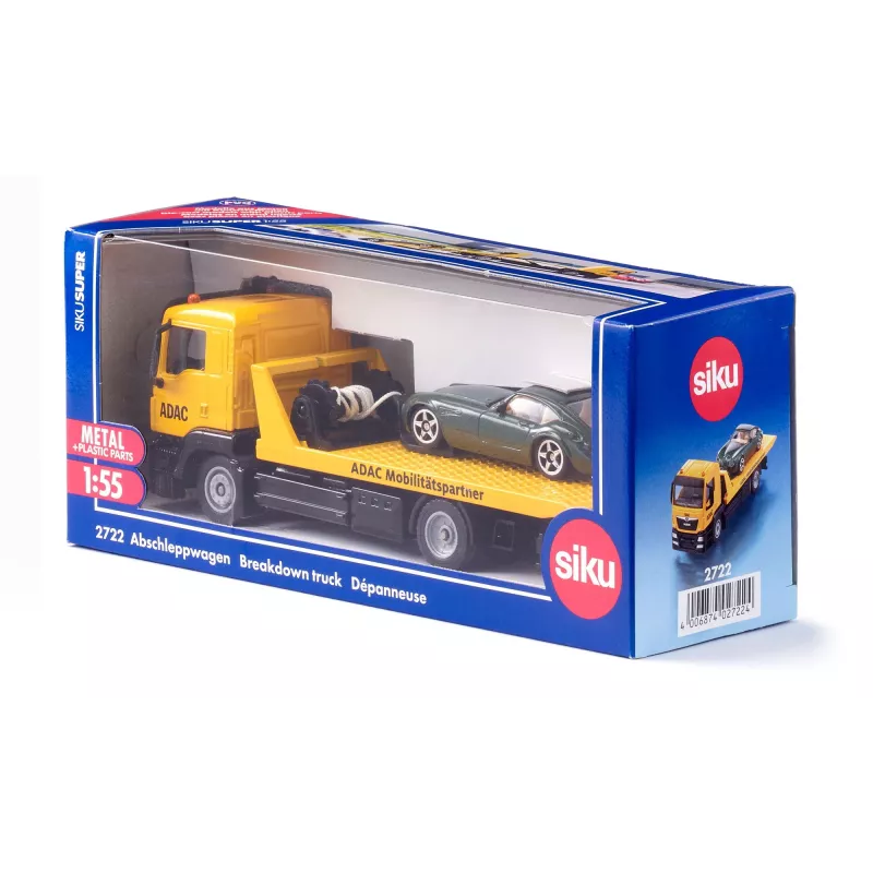 Automašīnas modelis komplekts Siku MAN avārijas dienesta kravas automašīna ADAC, iepriekš samontēts mērogā 1:55, 58×170×57 mm