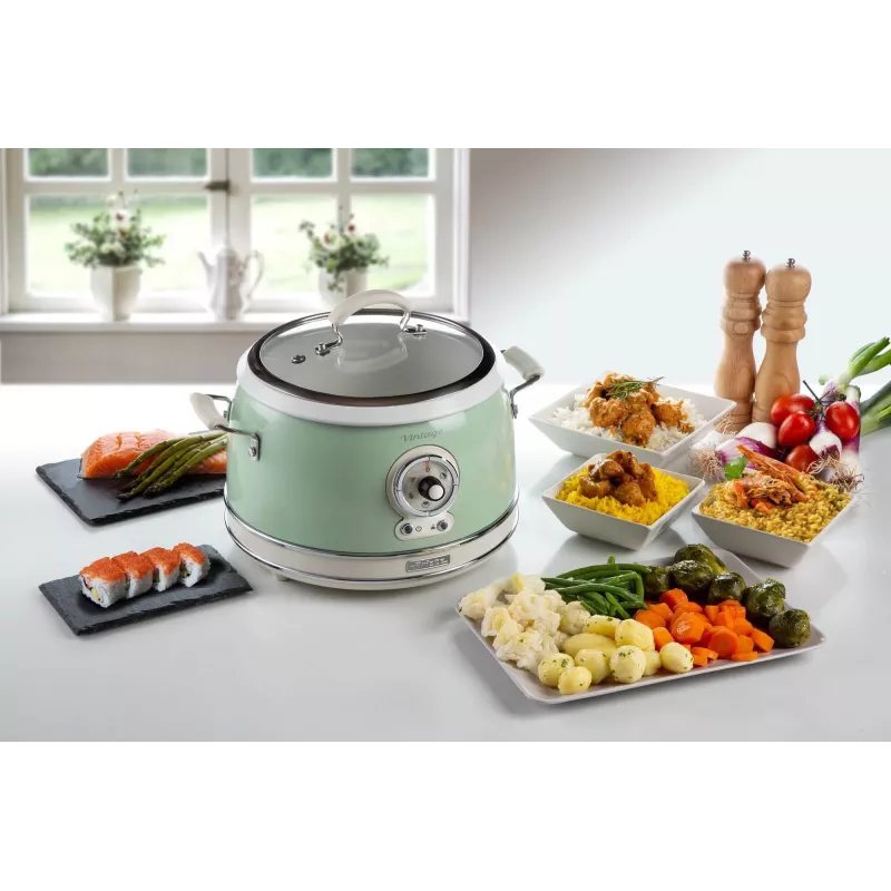 Ariete 2904 rīsu plīts - elektriskā rīsu plīts ar keramikas bļodu - paštaisīti suši - multikatls - Vintage līnija - 3,5 L - 650 W - zaļa
