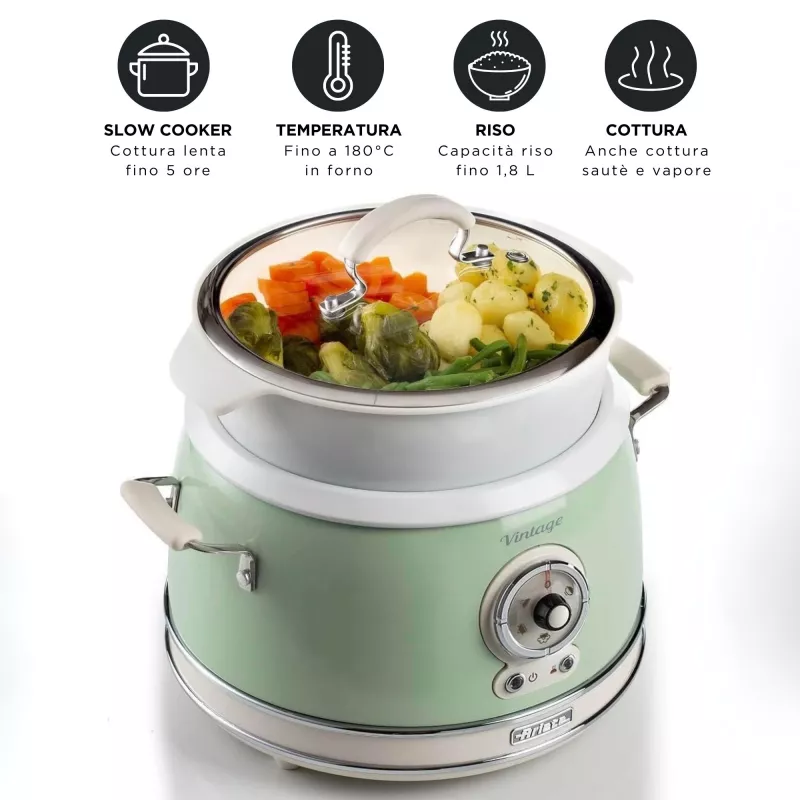 Ariete 2904 rīsu plīts - elektriskā rīsu plīts ar keramikas bļodu - paštaisīti suši - multikatls - Vintage līnija - 3,5 L - 650 W - zaļa