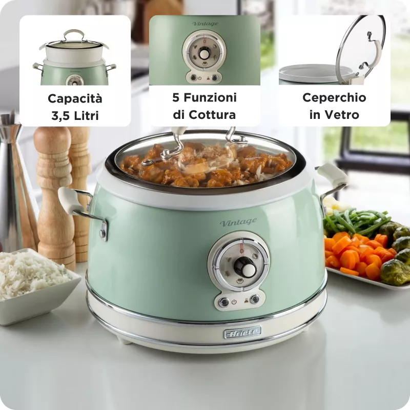Ariete 2904 rīsu plīts - elektriskā rīsu plīts ar keramikas bļodu - paštaisīti suši - multikatls - Vintage līnija - 3,5 L - 650 W - zaļa