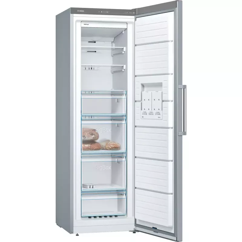 Vertikālā saldētava Bosch Serie 4 GSN36VLEP — 242 L, NoFrost, E klase, 39 dB, nerūsējošais tērauds