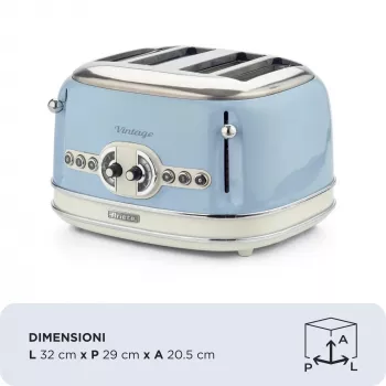 Ariete 156 4 Slice Vintage Toaster, 1600 Watts, 6 Toasting Levels, Stainless Steel Painted in Pastel Blue, Without Sandwich Cages. Blue