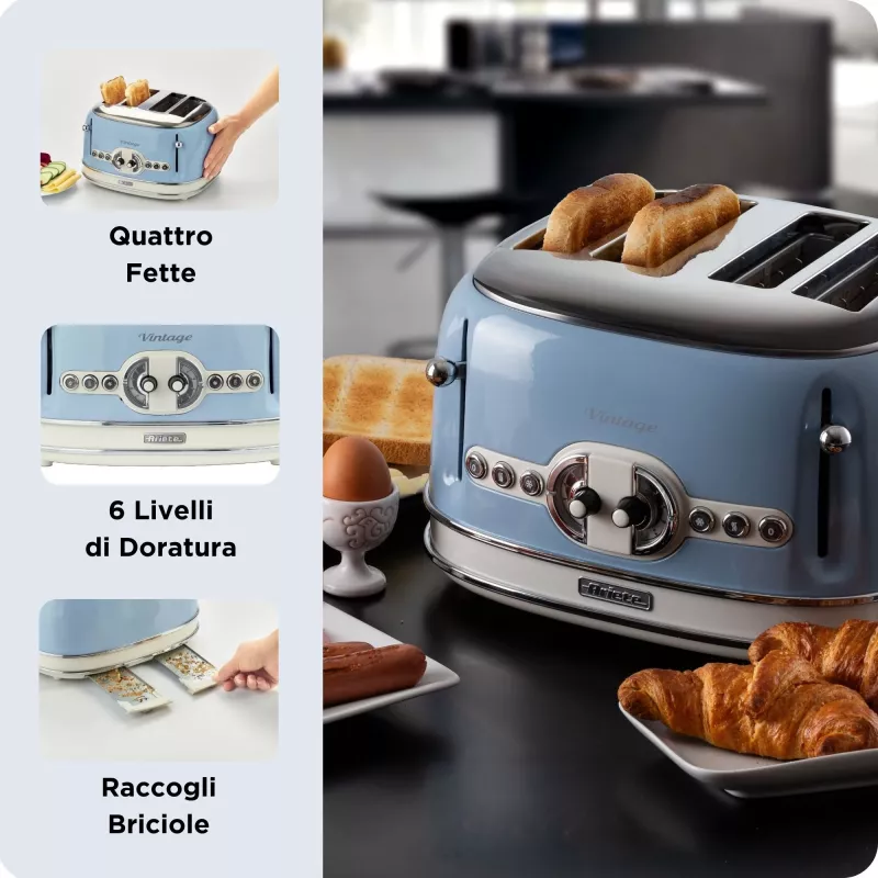 Ariete 156 4 Slice Vintage Toaster, 1600 Watts, 6 Toasting Levels, Stainless Steel Painted in Pastel Blue, Without Sandwich Cages. Blue