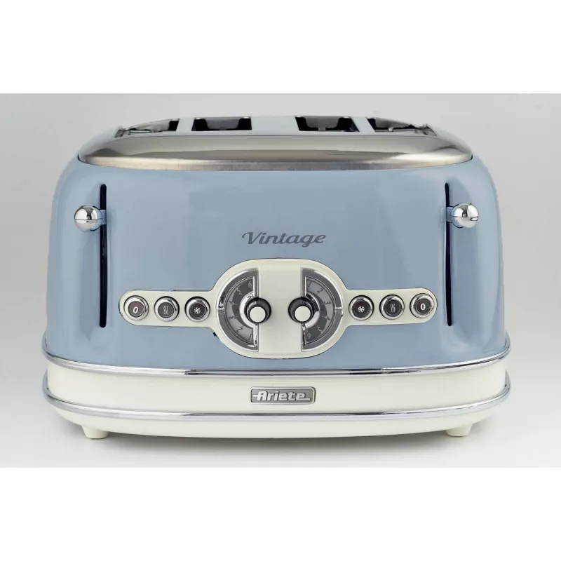 Ariete 156 4 Slice Vintage Toaster, 1600 Watts, 6 Toasting Levels, Stainless Steel Painted in Pastel Blue, Without Sandwich Cages. Blue