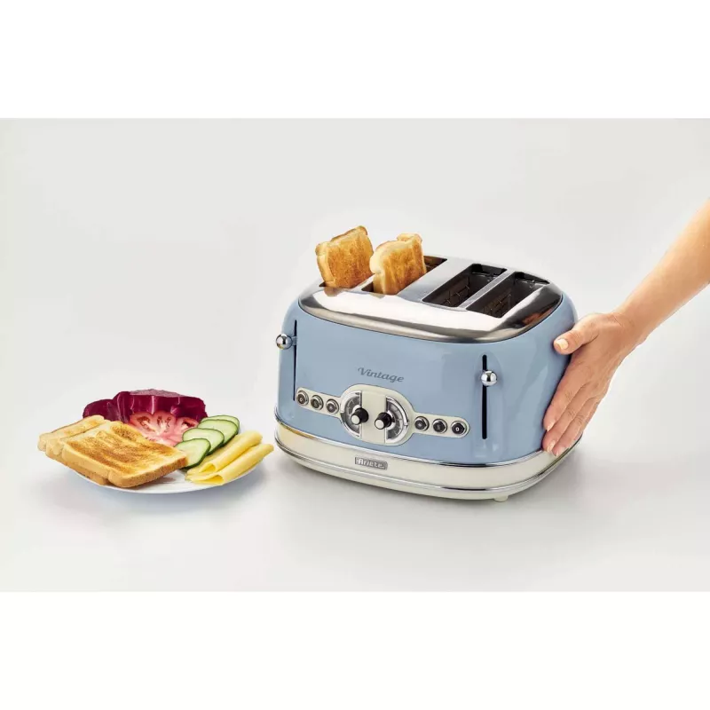Ariete 156 4 Slice Vintage Toaster, 1600 Watts, 6 Toasting Levels, Stainless Steel Painted in Pastel Blue, Without Sandwich Cages. Blue