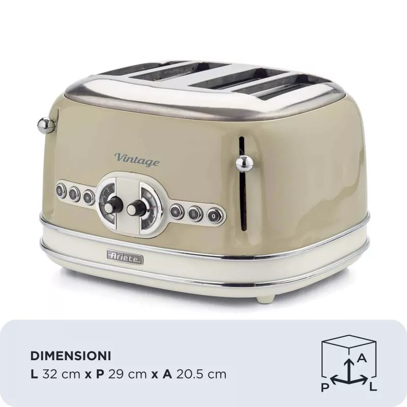 Ariete 156 4 Slice Vintage Toaster, 1600 W, 6 grauzdēšanas līmeņi, nerūsējošais tērauds krāsots pasteļbēšā, bez sviestmaižu turētājiem