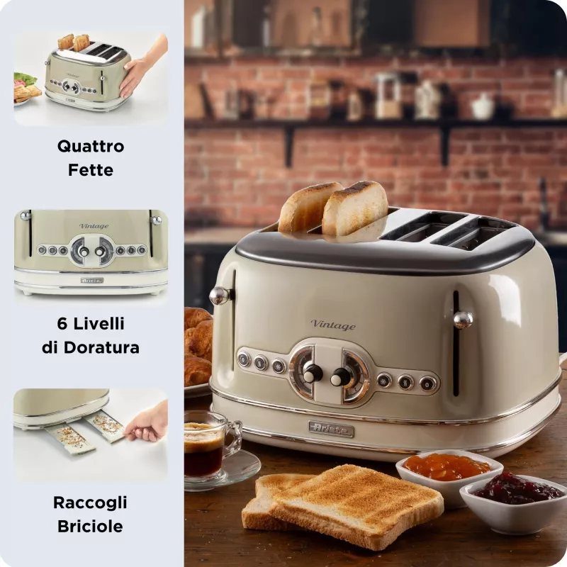 Ariete 156 4 Slice Vintage Toaster, 1600 W, 6 grauzdēšanas līmeņi, nerūsējošais tērauds krāsots pasteļbēšā, bez sviestmaižu turētājiem