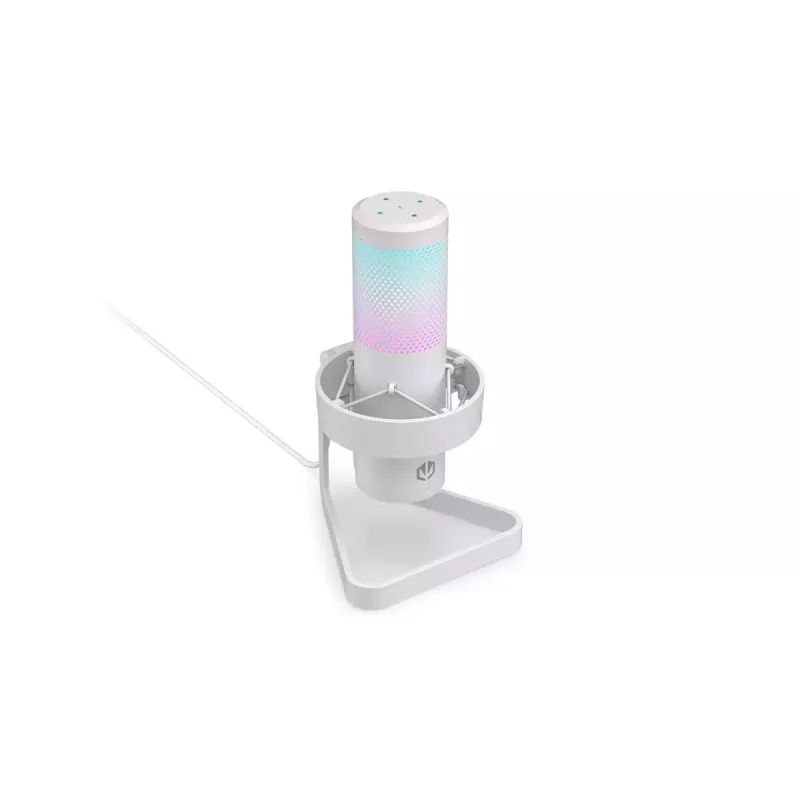PC mikrofons ENDORFY AXIS Streaming balta — USB, kardioīds, 30–18 kHz, 192 kHz/24 bitu, galda statīvs, klusināšana, austiņu izeja