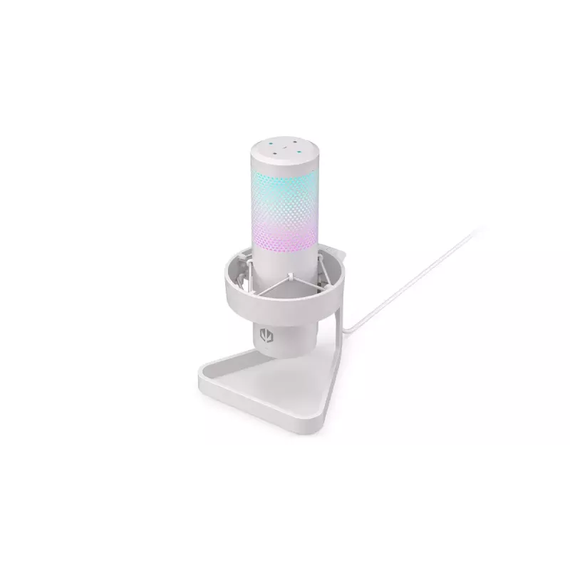 PC mikrofons ENDORFY AXIS Streaming balta — USB, kardioīds, 30–18 kHz, 192 kHz/24 bitu, galda statīvs, klusināšana, austiņu izeja