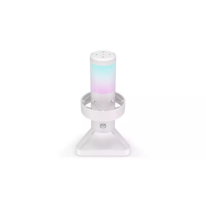 PC mikrofons ENDORFY AXIS Streaming balta — USB, kardioīds, 30–18 kHz, 192 kHz/24 bitu, galda statīvs, klusināšana, austiņu izeja