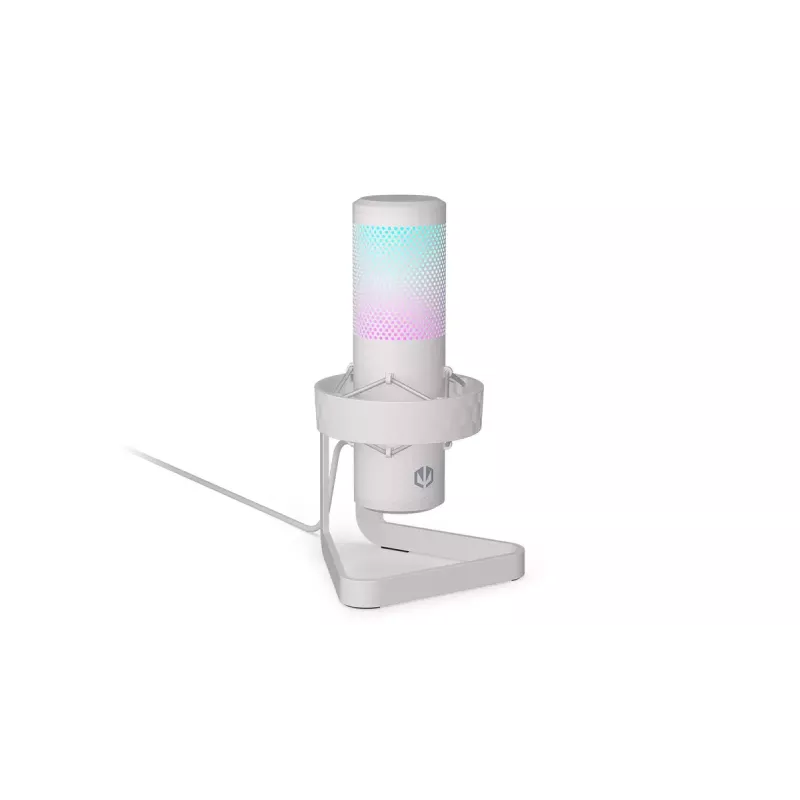 PC mikrofons ENDORFY AXIS Streaming balta — USB, kardioīds, 30–18 kHz, 192 kHz/24 bitu, galda statīvs, klusināšana, austiņu izeja