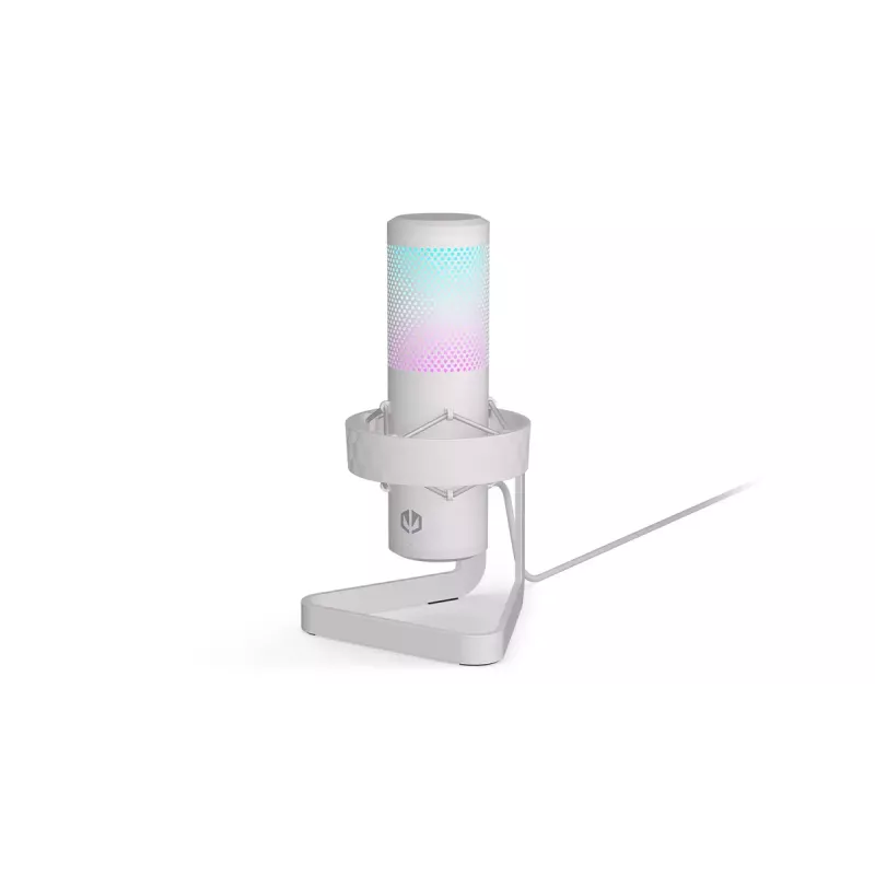 PC mikrofons ENDORFY AXIS Streaming balta — USB, kardioīds, 30–18 kHz, 192 kHz/24 bitu, galda statīvs, klusināšana, austiņu izeja