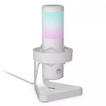 PC mikrofons ENDORFY AXIS Streaming balta — USB, kardioīds, 30–18 kHz, 192 kHz/24 bitu, galda statīvs, klusināšana, austiņu izeja